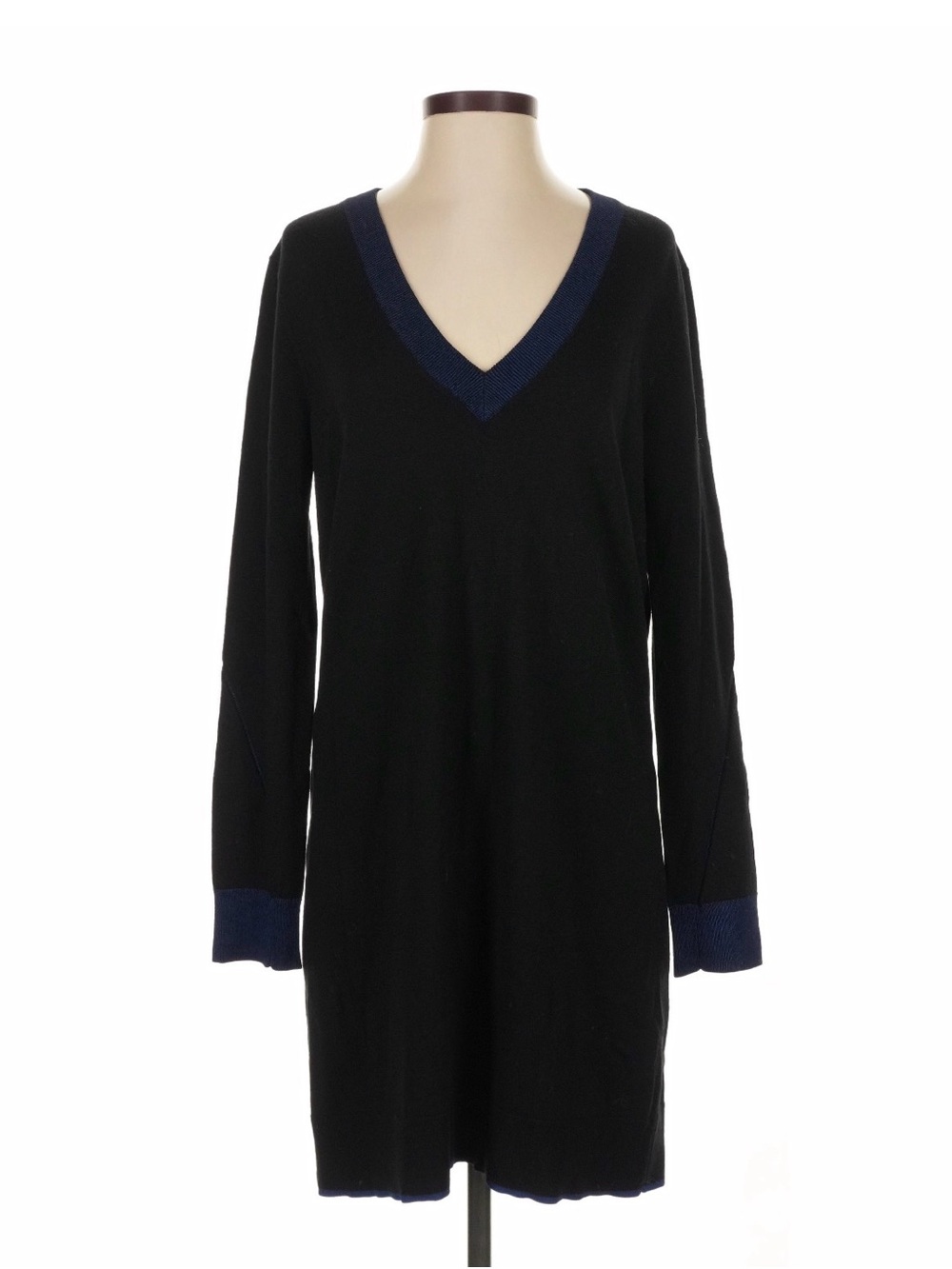rag & bone Black V-Neck Long Sleeve Dress with Navy Trim
